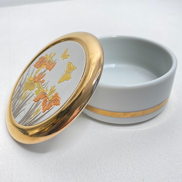 The Art Of Chokin Trinket Box Japanese Gold Trim Ceramic Bowl Engraved Lid - Picture 2 of 9